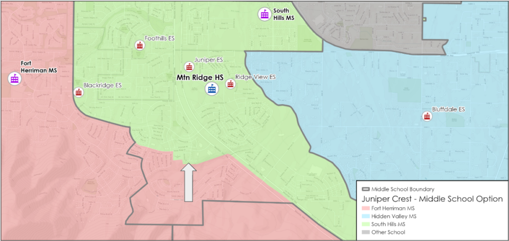 Map of middle school boundary option in the Juniper Crest area